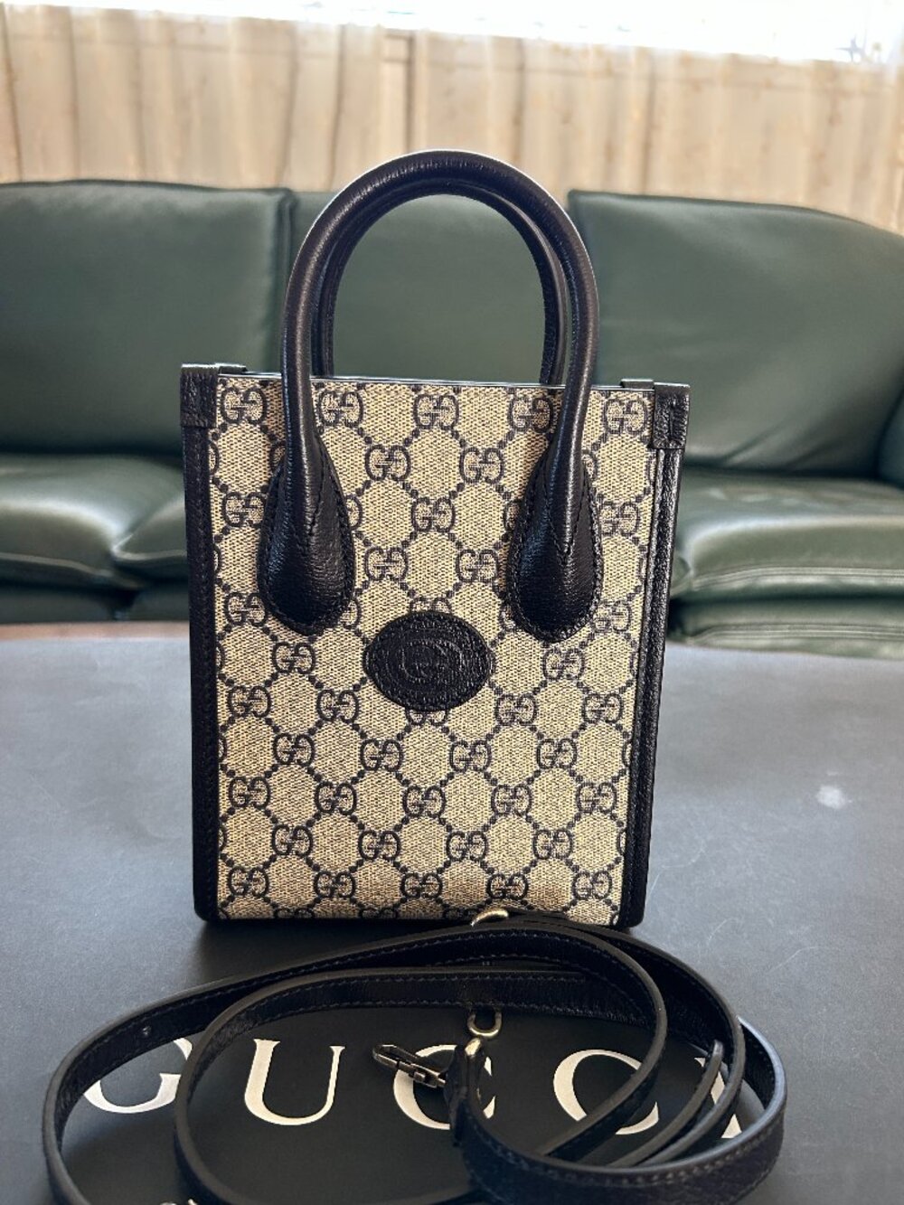 NWT Gucci GG Supreme Interlocking G Mini Tote Bag Beige Blue Canvas